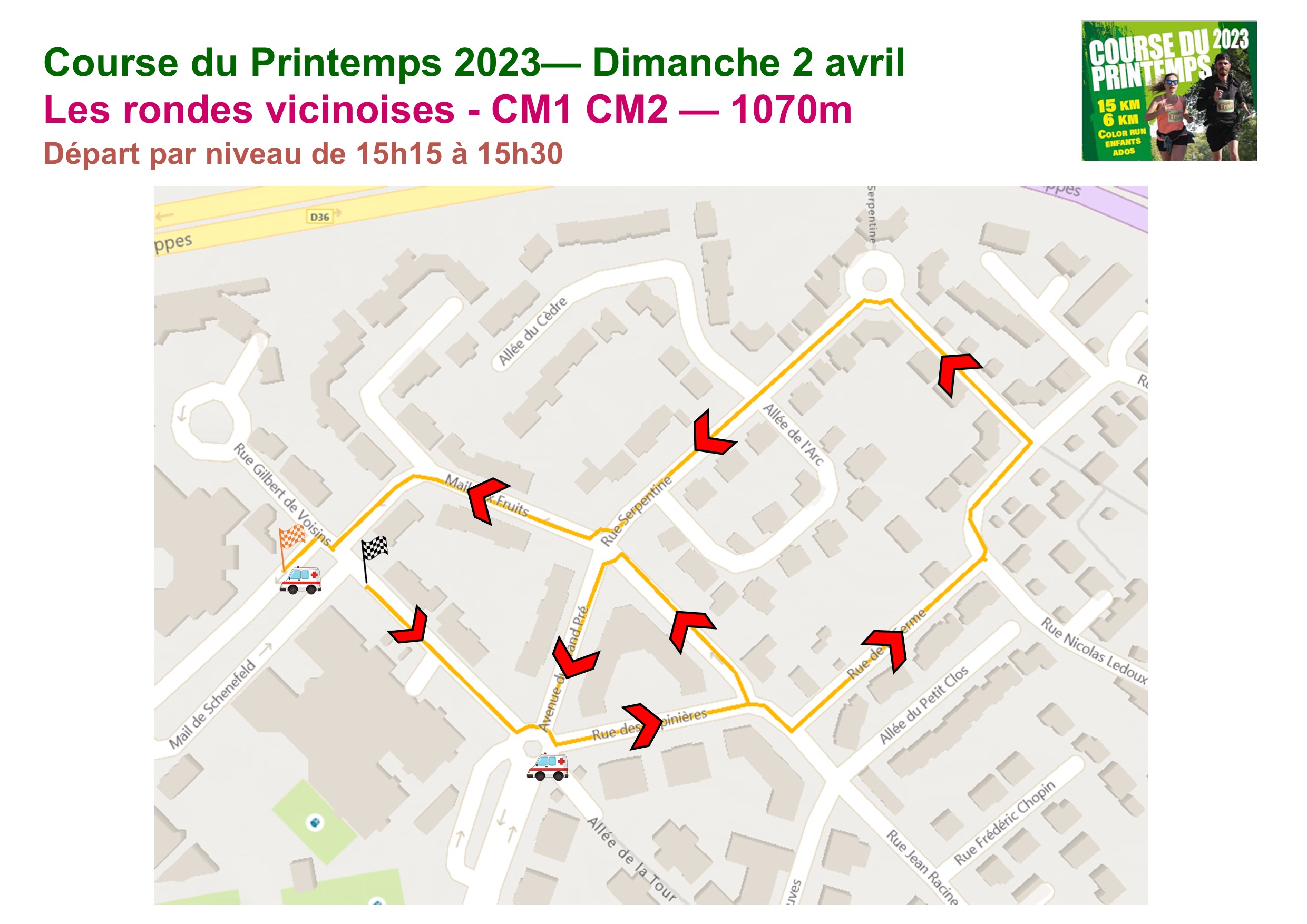 Tous les parcours 2023 les rondes vicinoises CM1 CM2 1070metres